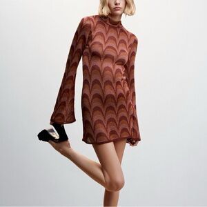 Mango Retro Patterned Long Sleeve Dress in Brown and Orange